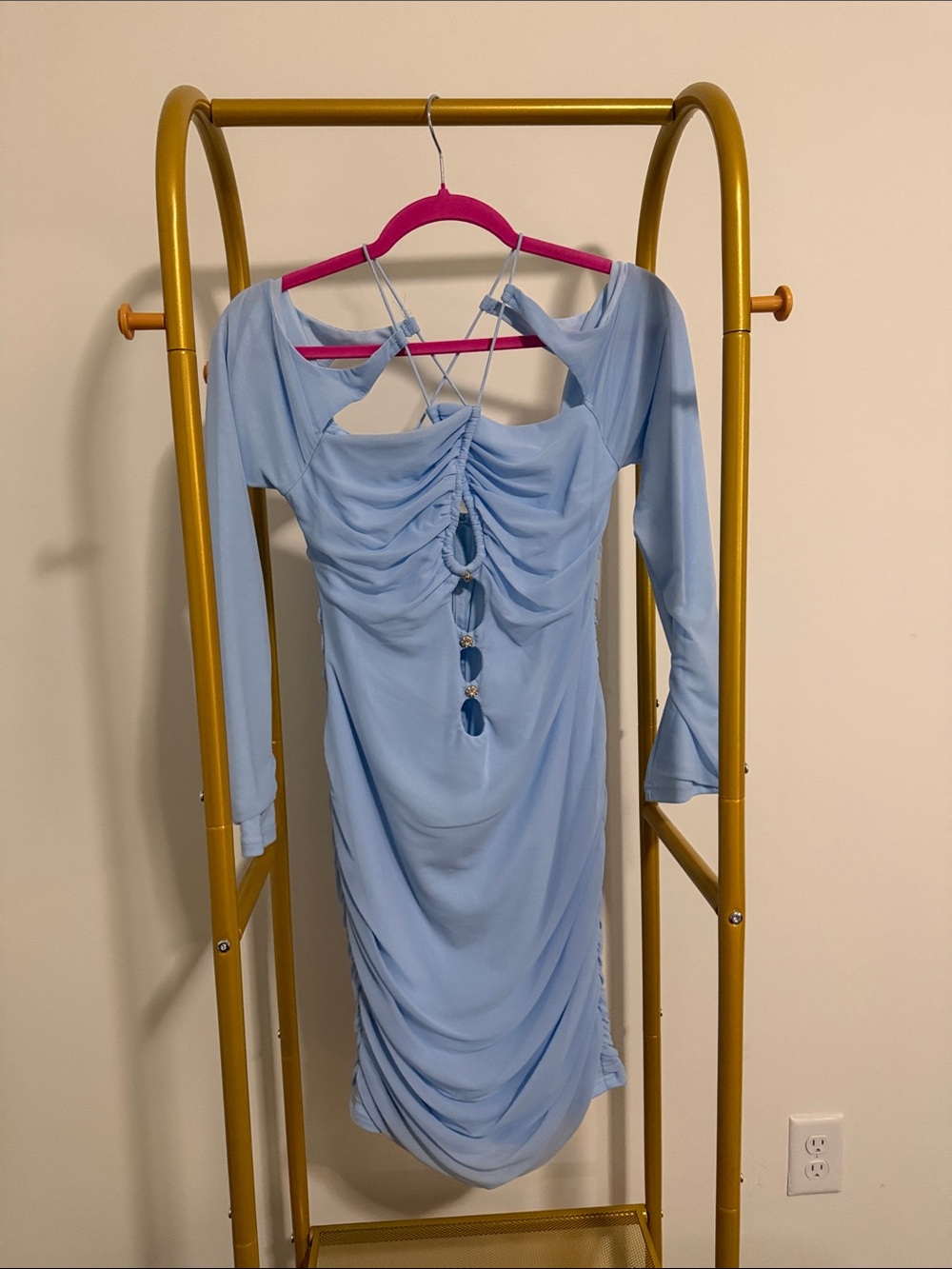 Amazon Light Blue Ruched Long Sleeve Midi Dress with Open Back Straps